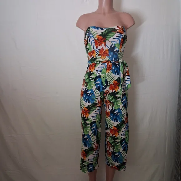 No Boundaries Strapless Tropical Floral Jumpsuit Size XS Wide Leg Summer Romper - Picture 2 of 10